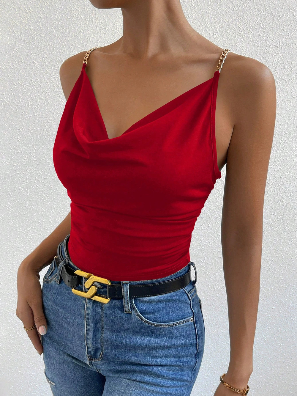 ZARA Women Summer Red Cami Top Slim Fit Ruched Waist Short Off Shoulder